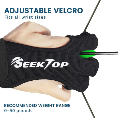 Dope Three Finger Archery Gloves Leather Shooting Protector with adjustable Velcro, shown on hand pulling a bowstring