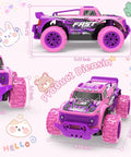 Pink Purple 1:20 Scale RC Monster Truck With LED Lights And DIY Windmills, side and front view illustrations, cute decor.