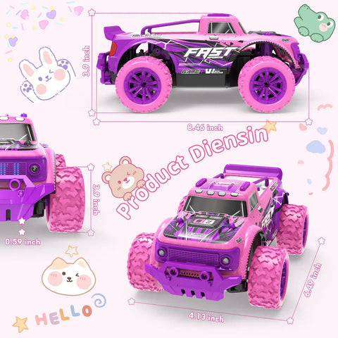 Pink Purple 1:20 Scale RC Monster Truck With LED Lights And DIY Windmills, side and front view illustrations, cute decor.
