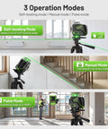 360 Degree Self Leveling Laser Level With 4D Cross Line Laser 4x360 Green Cross Lines LCD Screen Bluetooth Outdoor Pulse Remote Rechargeable Pro Grade 16 Line Layout Tool For Construction Tile Floor Installations in self-leveling, manual, and pulse modes on tripod