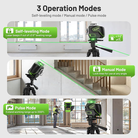 360 Degree Self Leveling Laser Level With 4D Cross Line Laser 4x360 Green Cross Lines LCD Screen Bluetooth Outdoor Pulse Remote Rechargeable Pro Grade 16 Line Layout Tool For Construction Tile Floor Installations in self-leveling, manual, and pulse modes on tripod