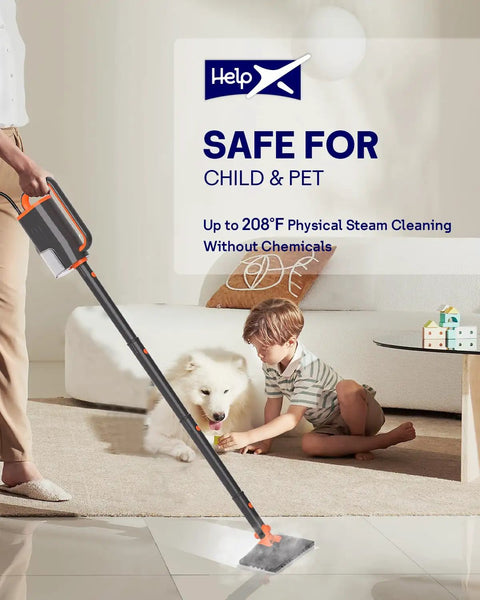 Slick 20 In 1 Steam Mop Cleaner With Detachable Handheld Steamer And Rapid Heat Up Tech Heavy Duty Grime Slayer Multi Surface Cleaning Rig For Tiles Carpet And Grout Grey in use by child near pet.