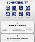 Compatibility chart for Heavy Duty 55 Gallon Drum Pump For Def Fluid Transfers And Barrels, showing safe and unsafe chemicals.