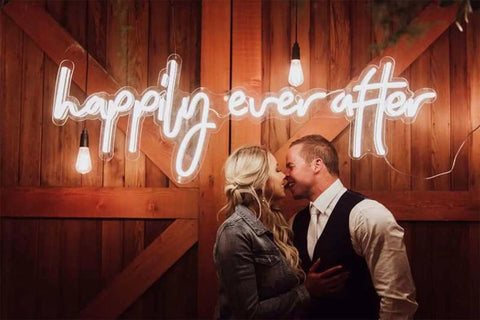 Happily Ever After Neon Sign LED Light For Weddings And Bridal Decor Custom Neon Wall Hanging Hand Crafted Accent On Wooden Wall