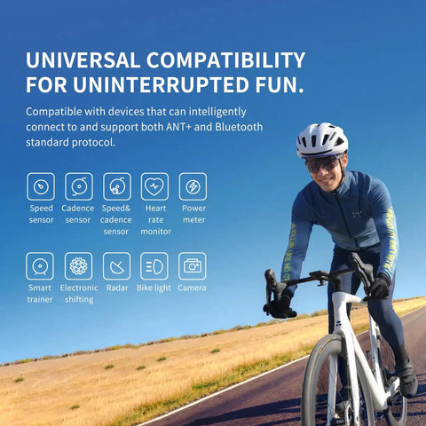 Cyclist using 2.8 Inch Color Touchscreen GPS Bike Computer With Smart Map Navigation And ReRoute Planning, WiFi Auto Sync, ANT Plus Bluetooth, Message Notifications, IPX7 Waterproof, And Indoor Training Support For Serious Rides on a sunny road.