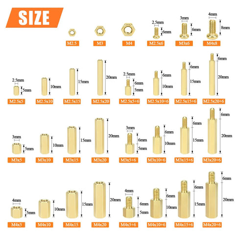 Heavy Duty Brass Spacers Standoffs Set with M2.5 M3 M4 Hex Screws and Nuts Assortment Kit for PC Motherboard Assembly size chart with measurements