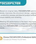 FOCUSFILTER description and benefits background text with company logo on blue and white design.