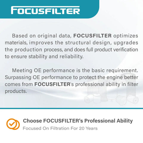 FOCUSFILTER description and benefits background text with company logo on blue and white design.