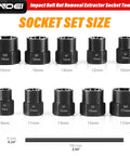 Metric Bolt Extractor Set With Ten Plus One Pieces displaying socket sizes from 9mm to 19mm for removing damaged fasteners.