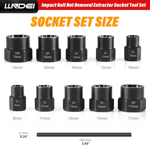Metric Bolt Extractor Set With Ten Plus One Pieces displaying socket sizes from 9mm to 19mm for removing damaged fasteners.