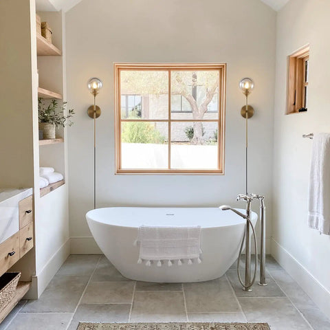 Dope Mid Century Smoke Glass Plug In Wall Lights Two Piece Brushed Brass Globe Sconce Lamps in modern bathroom setup