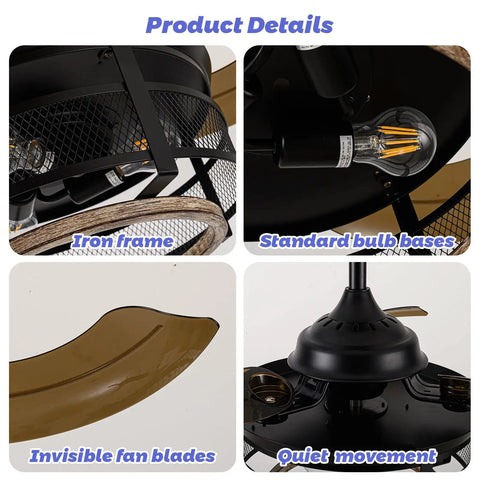 Product details showing 36 Inch Rustic Farmhouse Ceiling Fan With Light And Remote Black Metal Cage Fandelier components