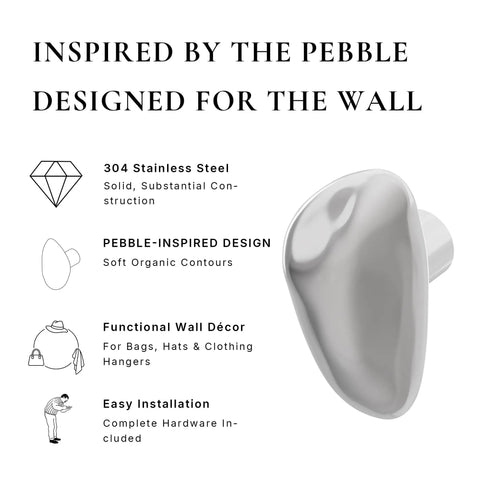 Sweet Looking Pebble Wall Hook Built From Top Shelf 304 Stainless Steel, pebble design for hanging bags and hats.