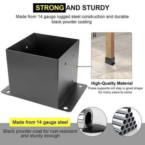 Heavy Duty 6x6 Post Base Brackets Four Pack for Decks and Pavilion Railings Built To Last 14 Gauge Steel With Black Powder Coat