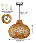 Boho Wicker Pendant Light For Kitchen Island And Dining Table, Round Rattan Ceiling Fixture, 40cm By 35cm
