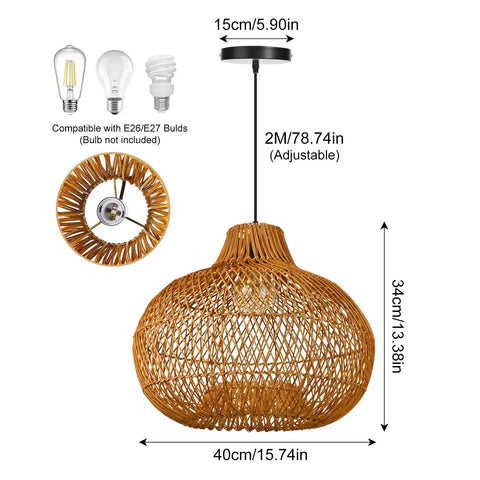 Boho Wicker Pendant Light For Kitchen Island And Dining Table, Round Rattan Ceiling Fixture, 40cm By 35cm