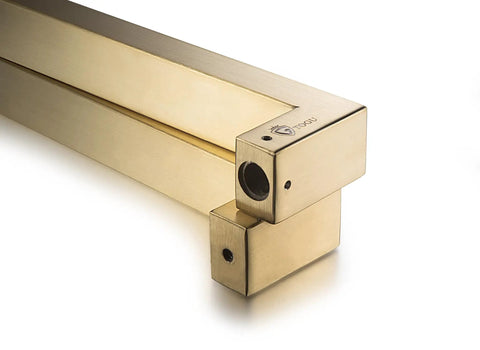 Heavy Duty 304 Stainless Steel Push Pull Door Handle With Solid Standoffs 300mm (12 Inch) Square Or Rectangle Shape Satin Gold Finish For Barn And Glass Doors, angled view