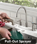 Two Handle High Arc Kitchen Faucet With Side Sprayer In Slick Brushed Nickel Finish used for rinsing a green plate with pull-out sprayer.