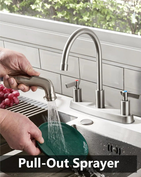 Two Handle High Arc Kitchen Faucet With Side Sprayer In Slick Brushed Nickel Finish used for rinsing a green plate with pull-out sprayer.