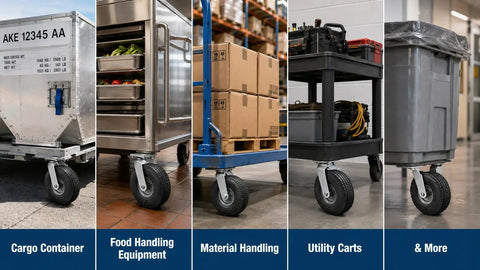 12 Inch Swivel Caster No Flat Pneumatic Wheel Precision Ball Bearings 500 Lb Heavy Lifter Capacity on utility carts and cargo equipment.