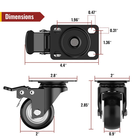 2 Inch Caster Wheels Heavy Duty Swivel Casters With Safety Brake Set Of 4 High Load Capacity 600 Lbs Total for Industrial