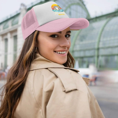 Woman wearing Pink Lightweight Mens Beach Cap With Adjustable Buckle, outdoors, cap detail visible