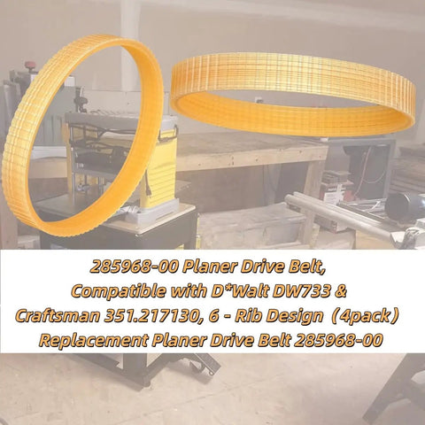 Four Pack Heavy Duty Six Rib Planer Drive Belt With Non Slip Grip And Rock Solid Build Killer Replacement For Dewalt Dw733 and Craftsman Thirteen Inch Jointer Oem Cross Reference 285968 00 displayed on a workbench.