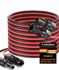Two Pack Fifty Foot 10 AWG Solar Panel Extension Cables With Waterproof Male And Female Connectors For RVs And Photovoltaic Systems, Heavy Duty Outdoor Solar Wiring For Easy Flexible Setup coiled in black and red with connectors displayed.