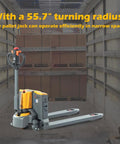 Compact Electric Pallet Jack Truck With Lithium Battery, 48 Inch Forks, 4400 Lb Capacity, tight turning radius for narrow spaces.
