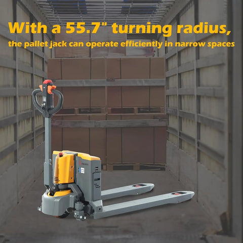 Compact Electric Pallet Jack Truck With Lithium Battery, 48 Inch Forks, 4400 Lb Capacity, tight turning radius for narrow spaces.