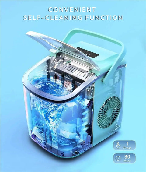 Top Shelf Quick Chill Portable Countertop Ice Maker Knocking Out Nine Cubes In Six Minutes With A Heavy Duty Twenty Six Pound Daily Yield For Weekend Ragers And Zero Mess Self Cleanup Routine self-cleaning function and water inside.