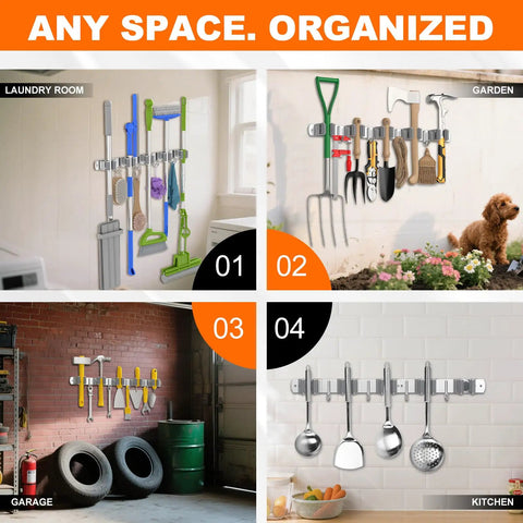 Heavy Duty Wall Mount Broom Holder And Mop Organizer Rack With Five Racks And Four Hooks Rustproof Stainless Steel Wall Storage