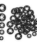 Internal Tooth Star Lock Washers 50 Pcs Set In 5 Sizes With Push On Speed Clips Built To Last Carbon Steel With Black Anodized Finish For Strong Spring Tension And Secure Fastening. Black internal tooth star lock washers in assorted sizes