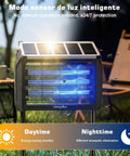 Outdoor Bug Zapper Powered By Solar And USB, 4000V Grid, 15W UV LED, shown in outdoor setting with glowing blue light at night