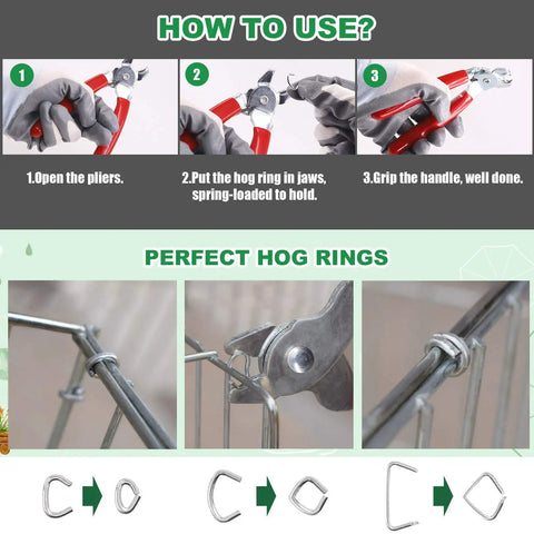 How to use Angled Hog Ring Pliers Kit With Galvanized Hog Rings And Gloves, 360 Rings In 3 Sizes shown with steps