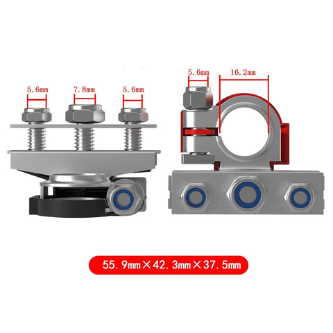 Side view of 2 Pack 12V Automotive Top Post 3 Way Battery Terminal Kit with Positive and Negative Clamp Connectors, red and black, dimensions shown.