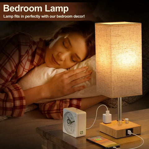 Fully Dimmable Touch Bedside Lamp With Solid Wood Base Included Bulb USB C And USB A Ports Dual AC Outlets Easy Dimmer And Eye Friendly Glow Nightstand Light For Bedroom Or Living Room Cozy Beige Finish
