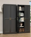 Beefy Black Metal Pantry Cabinet With Doors And Four Adjustable Shelves Tall Storage Cabinet With Two Gold Handles