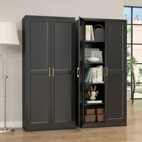 Beefy Black Metal Pantry Cabinet With Doors And Four Adjustable Shelves Tall Storage Cabinet With Two Gold Handles