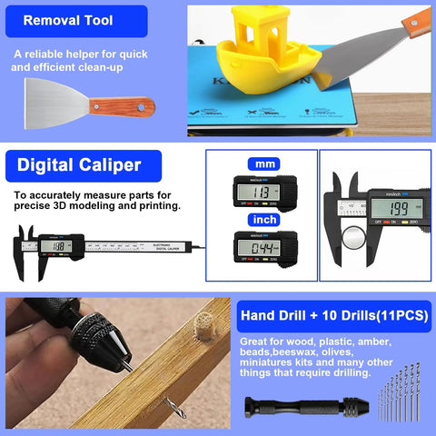 135-piece 3D printer toolkit with toolbox; includes digital caliper, nozzle cleaners, drill, deburring and sanding kit.
