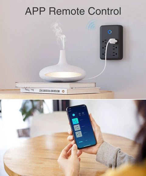 No Fuss Smart Power Strip With USB Surge Protection and Wall Adapter controls lamp, app shows WiFi plug outlets management.