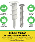 Heavy Duty Self Drilling Drywall Anchors And Screws Kit With Reusable Storage Case Includes 50 Drywall Anchors And 50 Number 8 One And One Quarter Inch Screws For Quick No Pre Drill Install In Drywall Perfect For DIY Projects By Qualihome shown with text highlighting stability and durability.