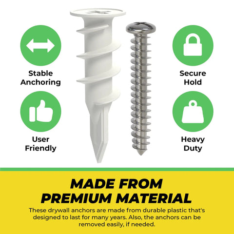 Heavy Duty Self Drilling Drywall Anchors And Screws Kit With Reusable Storage Case Includes 50 Drywall Anchors And 50 Number 8 One And One Quarter Inch Screws For Quick No Pre Drill Install In Drywall Perfect For DIY Projects By Qualihome shown with text highlighting stability and durability.