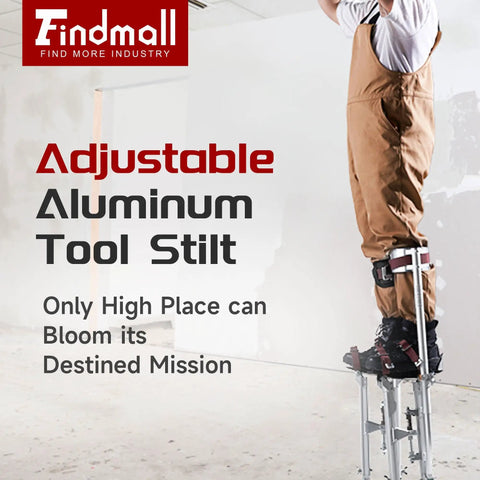 Adjustable Aluminum Drywall Stilts for Painting and Cleaning with tool-free height adjustment, shown in use on a contractor.