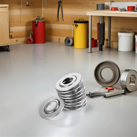 30 Pcs Stainless Steel Fire Sprinkler Cover Plates With Slick Silver Dual Disc Design For Stress Free Installations That Mask Unsightly Patch Marks And Stay Built Tough On Job Sites Or Home Ceilings stacked in a workshop.