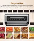 Heavy Duty Vacuum Sealer Machine With 95KPa Suction Full Auto Food Sealer system showing settings and food sealing options.