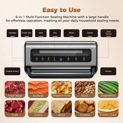 Heavy Duty Vacuum Sealer Machine With 95KPa Suction Full Auto Food Sealer system showing settings and food sealing options.