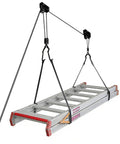 Dual Overhead Ladder Storage Hoist For Garage Or Shed Ceiling Pulley Lift System Holds 125 Lb And Fits Folding Telescoping Extension And Step Ladders Easy Install And Smooth Retrieval shown lifting a ladder to ceiling