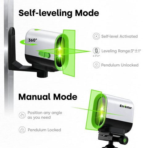 Green Laser Level With Self Leveling And Manual Mode, 360 Degree Rotating Magnetic Holder showing modes