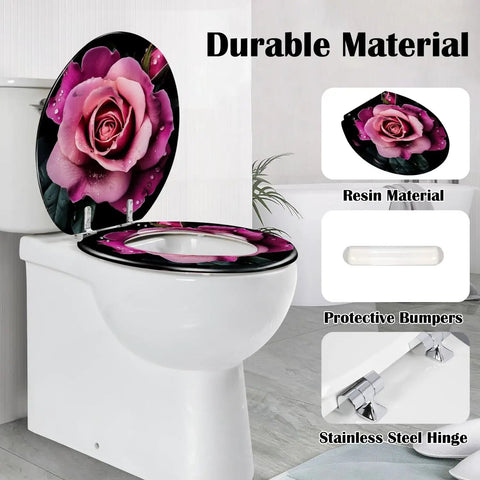 Toilet Seat Slow Close, Bathroom with rose design, round shape, resin material, adjustable stainless steel hinges.
